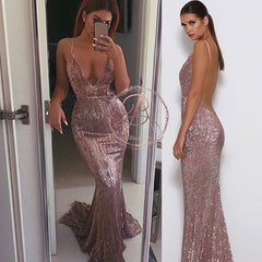 Popular Shinning Spaghetti Strap Backless Deep V-neck Mermaid Prom Gown Dresses,PD00048