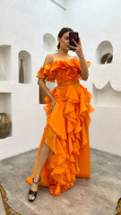 Romantic Orange Tulle Off Shoulder Tiered Prom Dress-Ruffled Layered A-Line Evening Gown, PD3722
