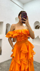 Romantic Orange Tulle Off Shoulder Tiered Prom Dress-Ruffled Layered A-Line Evening Gown, PD3722