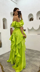 Romantic Green Ruffle Tiered Prom Dress-Off Shoulder A-line Floor length Prom Dress, PD3721