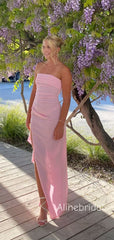 Elegant Side Slit Pleated Strapless Pink Soft Satin Long Prom Dress, Evening Dress, PD382238