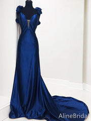 Elegant Royal Blue Deep V-neck A-line Long Prom Dress, Evening Dress, PD37721