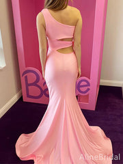 Unique Pink One Shoulder Bow Tie Mermaid Prom Dress, Evening Dress,PD37727