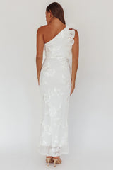 Deanna One-Shoulder Ruffle Maxi Dress Floral Texture White
