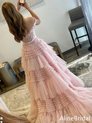 Elegant Pink Off Shoulder A-line Long Tulle Prom Dress with Bow Detailing, Evening Dress,PD37763
