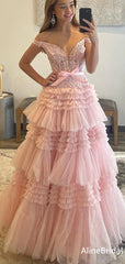 Elegant Pink Off Shoulder A-line Long Tulle Prom Dress with Bow Detailing, Evening Dress,PD37763