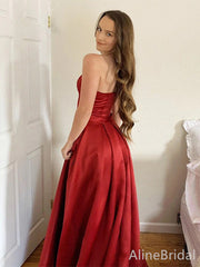 Elegant Red Strapless A-line Side Slit Long Prom Dress, PD37840