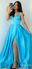 Elegant V-neck Spaghetti Strap Side Slit Blue A-line Long Prom Dress, PD37841