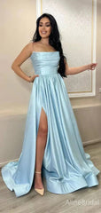 Elegant Sky Blue Satin Strapless A-line Long Prom Dress with Slit, PD37854
