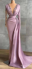 Elegant Purple V-neck Long Sleeves Mermaid Prom Dress-Long Lace Trim Evening Dress, PD37865