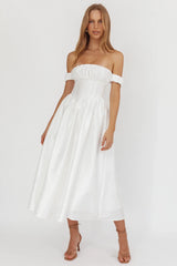 Heavens Above Off-Shoulder Basque Waist Midi Dress Ivory
