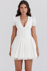 white pleated cotton mini dress