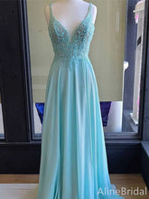 Elagant Aqua Blue Chiffon V-neck A-line Long Prom Dress-Spaghtti Straps Lace Applique Evening Dress, PD37915