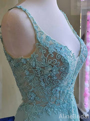 Elagant Aqua Blue Chiffon V-neck A-line Long Prom Dress-Spaghtti Straps Lace Applique Evening Dress, PD37915
