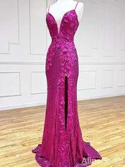 Sexy Hot Pink 3-D Floral High Slit Mermaid Prom Dress-Deep V-neck Evening Gown, PD37916