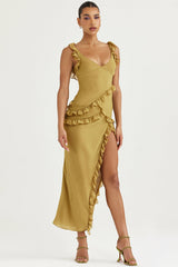 olive ruffle maxi dress