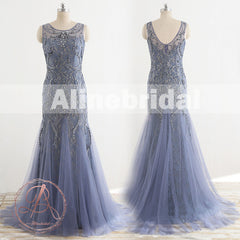 Stunning Lavender Tulle Beaded Lace Scoop Neck Sleeveless Mermaid Prom Dresses,PD00064