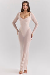 blush mesh maxi dress with bodysuit