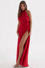 red rose thigh slit maxi dress