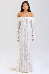 vintage cream floral lace off shoulder maxi dress