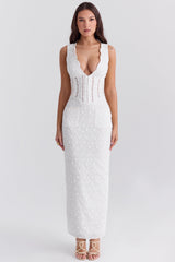 white cotton broderie anglais plunge maxi dress