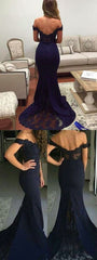 Sexy Black Tulle Off Shoulder Low Back Mermaid Prom Dress, Lace Trim Evening Dress, PD0163
