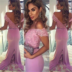 Long Off Shoulder V-Back Pink Lace Applique Cocktail Dress- Evening Party Prom Dress Online,PD0169