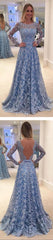 Long Sleeve Blue Lace A-line Open Back Cocktail Evening Party Prom Dresses Online,PD0182