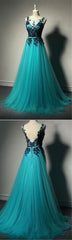 Unique Green Tulle A-line Long Prom Dress-Purple Lace Applique Evening Dress, PD0202