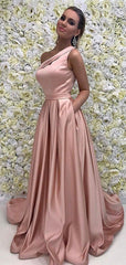Simple One Shoulder Blush Pink A-line Long Prom Dress, Evening Dress, PD00161