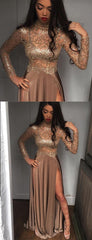 Brown Jersey Shiny Lace Long Sleeve High Neck Prom Dresses ,PD00301