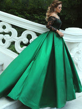 Gorgeous Black Emerald Green Lace A-line Ball Gown-Off Shoulder Long Sleeve Evening Gown PD00047