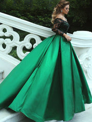 Gorgeous Black Emerald Green Lace A-line Ball Gown-Off Shoulder Long Sleeve Evening Gown PD00047