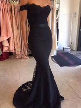 Sexy Black Tulle Off Shoulder Low Back Mermaid Prom Dress, Lace Trim Evening Dress, PD0163