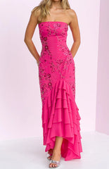 Khai Pink Ruffle Maxi Beaded Dress