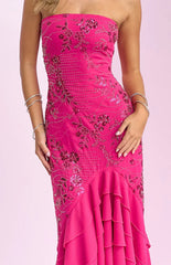 Khai Pink Ruffle Maxi Beaded Dress