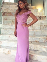 Long Off Shoulder V-Back Pink Lace Applique Cocktail Dress- Evening Party Prom Dress Online,PD0169