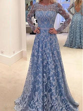 Long Sleeve Blue Lace A-line Open Back Cocktail Evening Party Prom Dresses Online,PD0182