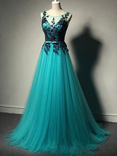 Unique Green Tulle A-line Long Prom Dress-Purple Lace Applique Evening Dress, PD0202
