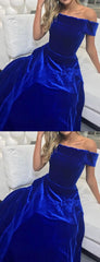 Off Shoulder Royal Blue Velvet Elegant A-line Prom Dresses,PD00322