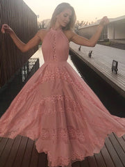 Elegant Halter Lace Applique Pink Chiffon A-line Prom Dress, PD00253