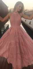 Elegant Halter Lace Applique Pink Chiffon A-line Prom Dress, PD00253