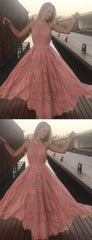 Elegant Halter Lace Applique Pink Chiffon A-line Prom Dress, PD00253