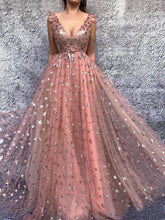 Sparkly Peach Pink Star Sequins A-line Tulle Prom Dress, PD00287