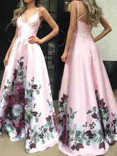 Unique Floral Prints Spaghetti Strap Pink Satin A-line Long Prom Dress, Evening Gown, PD00272