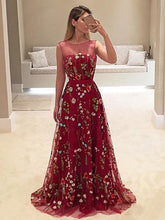 Popular Dark Red Floral Embroidery Sleeveless A-line Long Prom Dresses ,PD00087