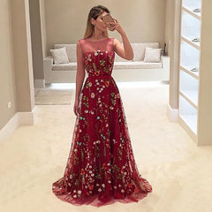 Popular Dark Red Floral Embroidery Sleeveless A-line Long Prom Dresses ,PD00087