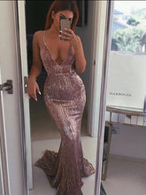 Popular Shinning Spaghetti Strap Backless Deep V-neck Mermaid Prom Gown Dresses,PD00048
