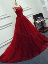 Red Beading Sparkly Unique Ball Gown Round Neck Formal Elegant Long Prom Dresses. BD0241