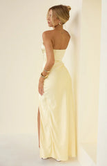 Sasha Yellow Ruched Twist Satin Maxi Dress - PRE ORDER